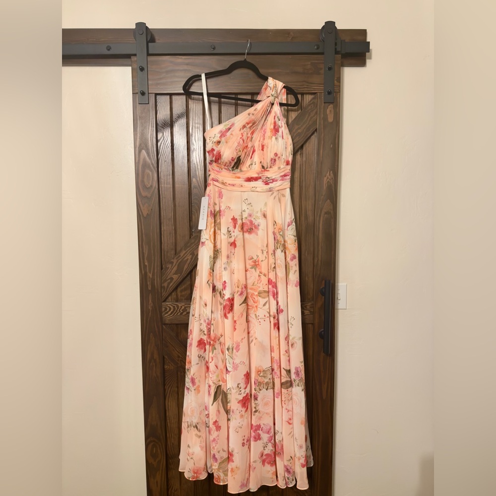 Azazie One-Shoulder Floral Dress in Pink and Cream